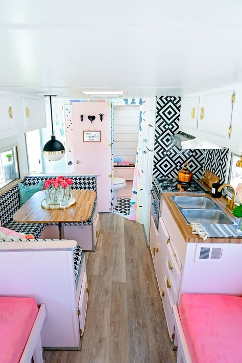 The playful interior of this vintage camper renovation was inspired by abstract pop wallpaper Vintage Camper Renovation, Rv Decorating, Camper Redo, Vintage Camper Interior, Camper Interior Design, Vintage Camper Remodel, Diy Camper Remodel, Vintage Rv, Camper Makeover