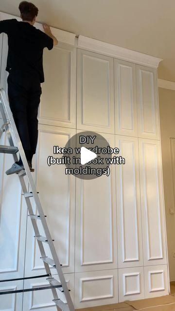 Alja Horvat on Instagram: "basically a quick bts on how we turned an Ikea wardrobe to look like it's built in 🤗 we still need to paint crown mouldings and walls but that's a project for next time" Make Closet Look Like Built In, Upcycling Built In Wardrobes, Wardrobe Molding, Painted Built In Wardrobes, How To Build A Wardrobe, Built In Bedroom Cabinets Around Bed, Wardrobe Painting Ideas Diy, Wardrobe Interior Design Bedroom, Wardrobe Panelling