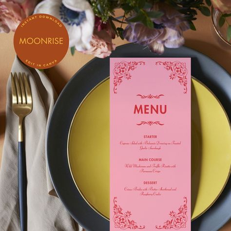 Editable Wedding Menu (Wes Anderson Inspired) Customise, download & print! Bring the timeless style of a Wes Anderson movie to your wedding day with our 'Moonrise Collection' menu. Our downloadable and fully editable menu features everything you need to make your day truly unique. This eclectic design will bring nostalgic charm to your wedding, and features signature Wes Anderson fonts and a range of colour options directly inspired by the aesthetic of his films.  Effortlessly save time and mone Wes Anderson Layout, Wes Anderson Wedding Decor, Wes Anderson Typography, Wes Anderson Font, Wedding Theme Aesthetic, Wes Anderson Design, Wes Anderson Party, Wes Anderson Wedding, Wes Anderson Movie