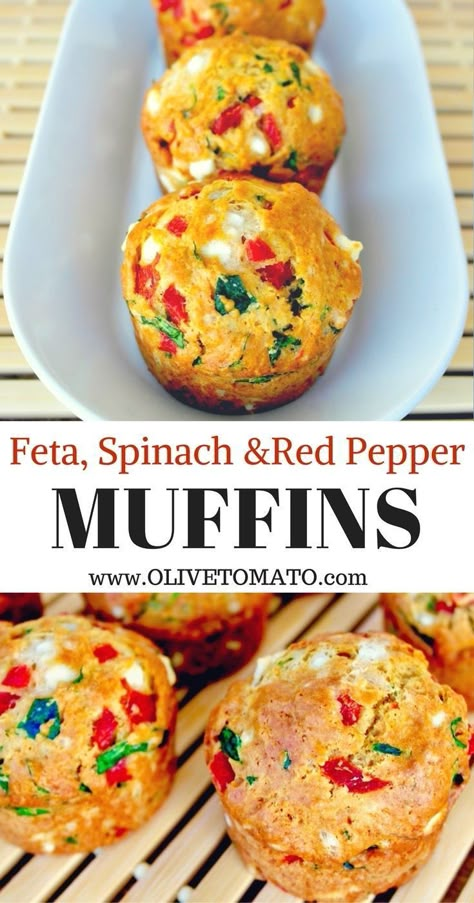 Feta, Spinach & Red Pepper Muffins Savory Mediterranean inspired muffins, packed with spinach, sweet red peppers and feta. Perfect for a snack or breakfast. #muffins #mediterraneanfood #fetacheese #feta #muffins #healthy Muffins Savory, Savoury Muffins, Muffins Healthy, Savory Muffins, Healthy Living Recipes, Breakfast Muffins, Mediterranean Diet Recipes, Mini Muffins, Savory Snacks