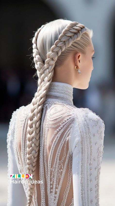 Braiding Ideas For White Women, Long White Hairstyles For Women, Blonde Warrior Woman Aesthetic, Intimidating Hairstyles, Native American Braids For Women, Woman Viking Hairstyles, Combat Hairstyles, Complex Braided Hairstyles, Battle Hairstyles