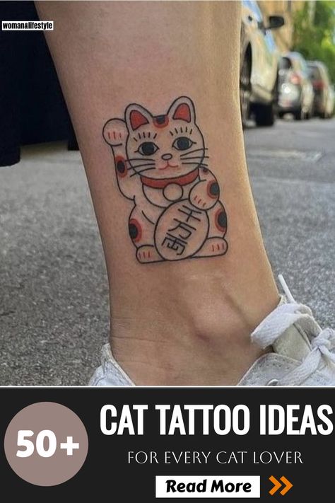 Elegant lucky cat tattoo ink with bold, vibrant colors. Lucky Kitty Tattoo, Lucky Cat Tattoo Design, Good Luck Cat Tattoo, Lucky Cat Tattoo Traditional, Maneki Neko Tattoo Design, Chinese Cat Tattoo, Japanese Lucky Cat Tattoo, Fortune Cat Tattoo, Lucky Cat Drawing