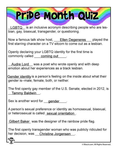 Pride Month Quiz Answer Key | Woo! Jr. Kids Activities Youth Group Activities, Pride Week, Gay Pride Month, Personality Tests, Youth Activities, Activities For Teens, Therapy Worksheets, Pride Gifts, Kid Crafts