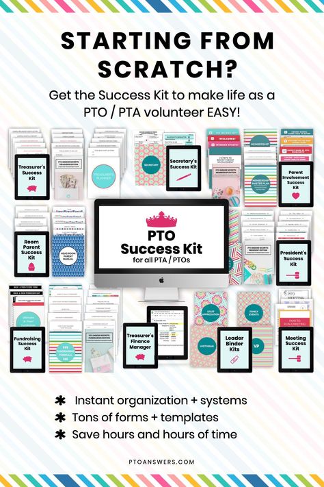 Meet the PTO Success Kit: A collection of 29 resources for *every* volunteer in your group, including President, Vice President, Fundraising and Membership Chairs, Treasurer, Secretary, Room Parent Chair and more!  We heard you loud and clear when you asked for an all in one bundle of our transformational resources to organize every PTO and PTA group, no matter their name.  Guidance and binder kit for all school parent volunteers. Pto Binder, Pta Volunteer, Social Media Calendar Template, Pta Meeting, School Volunteer, Pta School, Parent Volunteers, Time Wasters, Volunteer Organization