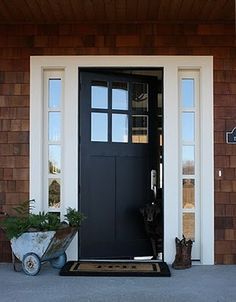 blue door cedar siding Unique Front Doors, Black Front Door, Black Front Doors, Front Doors With Windows, Front Door Colors, Front Door Design, Glass Front Door, Home Safes, Decoration Inspiration