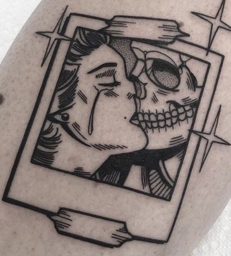 Bad Love Tattoo, Ominous Tattoos, Alternative Tattoos Grunge Sleeve, Goth Couple Tattoo Ideas, Dayseeker Tattoo, Goth Patchwork Tattoo Ideas, Goth Couple Tattoos, Gothic Patchwork Tattoo, Dark Romance Tattoo Ideas