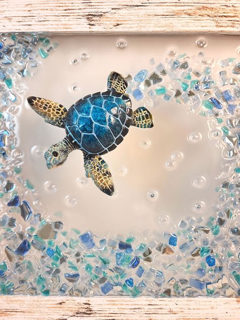 Crushed Glass Art, Blue Sea Turtle, Beach House Wall Decor, Sea Turtle Art, Glass Window Art, Beach Glass Art, Tropical Wall Art, Sea Glass Crafts, Turtle Art