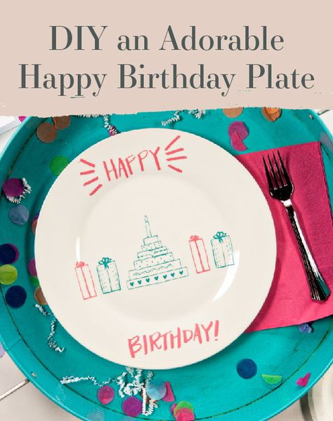 What better way to say “Happy birthday to you!” than with this adorable DIY Happy Birthday plate! Serve cake, cupcakes, or use as a centerpiece for your next birthday bash, or give as a gift to a loved one. Click thru for a free DIY tutorial and start customizing your party décor today! Happy Birthday Plate Diy, Birthday Plates Diy, Happy Birthday Plate, Happy Birthday Tag, Birthday Plate, Plates Diy, Birthday Tags, Diy Birthday Decorations, Singing Happy Birthday