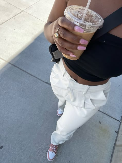 Rose Whisper Nike Dunks Outfit, Nike Dunks Low Rose Whisper Outfit, Rose Dunks Outfit Woman, Dunk Low Rose Whisper Outfit Women, How To Style Rose Whisper Dunks, Rose Sneakers Outfit, Nike Rose Whisper Outfit, White Rose Whisper Dunks Outfits, Dunks Women Outfit