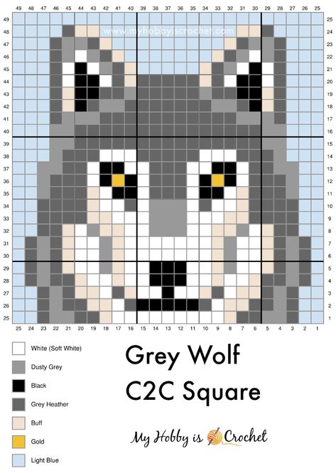 Wolf Granny Square, Wolf Cross Stitch, Wolf Crochet, Crochet Pattern Graph, Crochet Wolf, C2c Patterns, Crochet C2c Pattern, C2c Graph, Gray Wolf