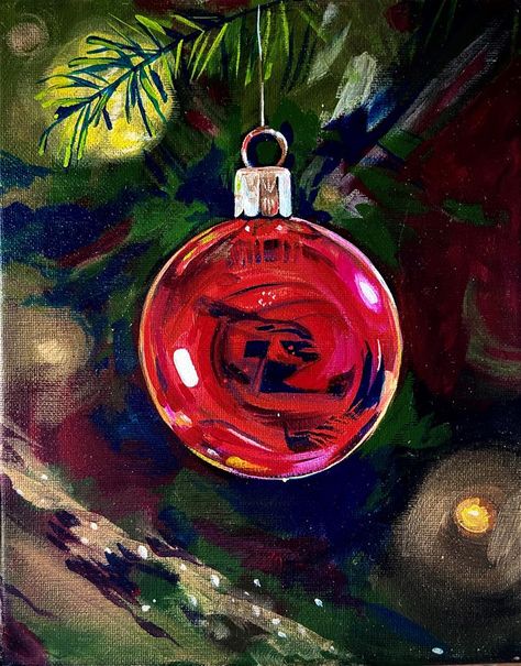 Painting Of Ornaments, Acrylic Christmas Cards, Christmas Window Painting, Christmas Paintings On Canvas, Paint Drawing, Christmas Artwork, Winter Watercolor, Christmas Painting, Holiday Painting