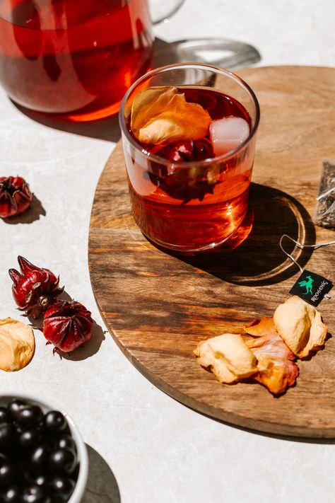 Styling for Roogenic with fresh native rosella (hibiscus). Rosella Hibiscus, Iced Tea Brands, Tea Brands, Hibiscus Tea, Iced Tea, Hibiscus, Fashion Branding, Tea, House Styles