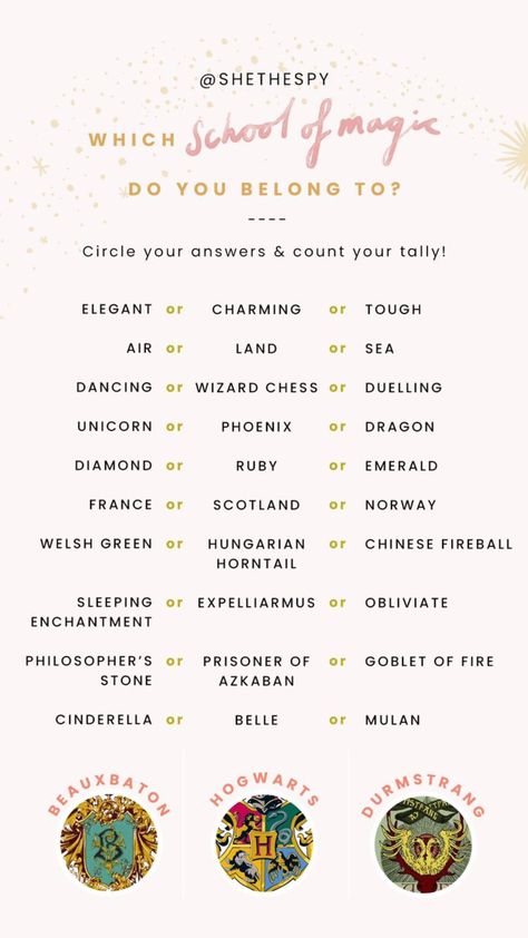 Harry Potter Universe - Which magical school do you belong to? For your Instagram story by @shethespy Harry Potter Questions, She The Spy, Harry Potter House Quiz, Wizard Chess, School Magic, Harry Potter Test, Harry Potter Sorting, Harry Potter Sorting Hat, Harry Potter Quizzes