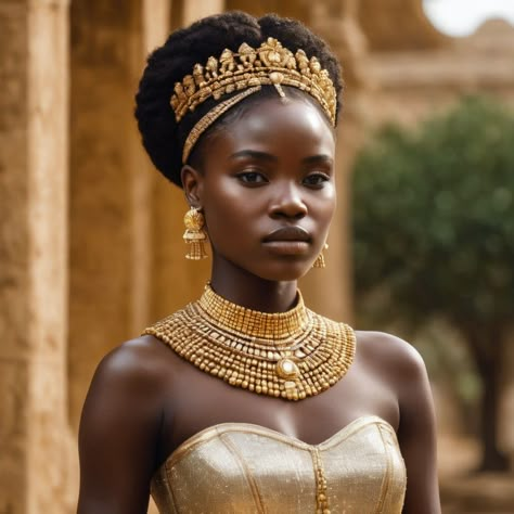 Beauty African Princess  Adorned in Gold African Women Warriors Goddesses, African Princess Aesthetic, African Royalty Fashion, Black Royalty Aesthetic, Nubian Princess, African Empires, African Crown, Princess Braid, Egyptian Fashion