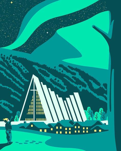 By [ @bygundersons ] . Ishavskatedralen in Tromsø surrounded by the Northern lights ⛼ A perfect tourist attraction. Our new poster is up… Dance Event Poster, Winter Art Lesson, Posca Art, Winter Illustration, Polar Light, Tromso, Pinturas Disney, Poster Ideas, Christmas Poster