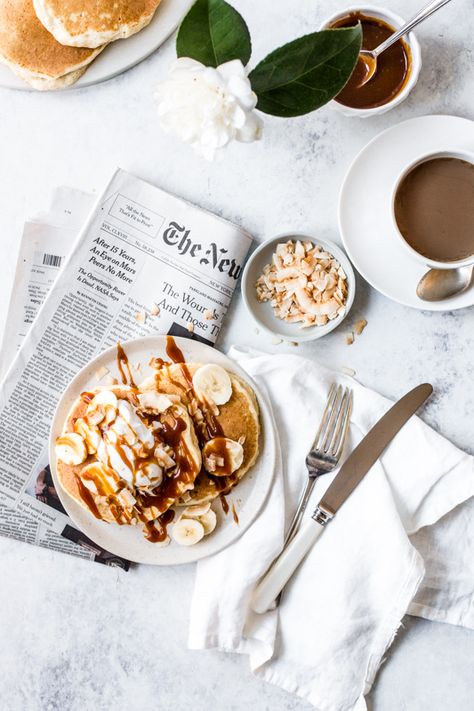 Light fluffy ricotta pancakes topped with whipped coconut cream and freshly sliced bananas and drizzled in salted caramel sauce. A breakfast to remember. By Emma Duckworth Bakes Food Photography Dessert, Food Flatlay, Plats Healthy, Breakfast Photography, Food Photography Inspiration, Food Photography Tips, Foto Tips, Banana Pancakes, Food Photography Styling