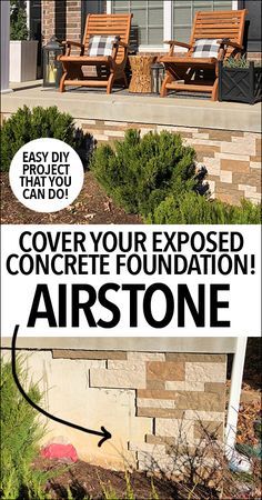 We finally fixed that pesky exposed concrete foundation on the front of our home with the help of @airstoneveneer! Love how it turned out and it only took us 2.5 hours to complete from start to finish!! #ad #airstone Faux Stone Veneer, Concrete Foundation, Concrete Paint, Painted Concrete, House Foundation, Porch Makeover, Concrete Steps, Exterior Makeover, Exposed Concrete