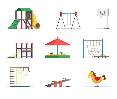 Playground equipment. fun area for kids. | Premium Vector #Freepik #vector #play-area #playground #sandbox #play-ground Amusement Park Illustration, Playground Drawing, Cute Playground, Park Illustration, Kids Indoor Playground, Free Preschool Worksheets, Color Plan, Landscape Elements, Kids Vector