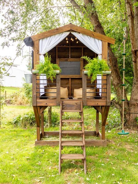 Restoring Wooden Playset, Backyard Clubhouse Kids, Shed With Playhouse On Top, Boy Playhouse Outdoor, Treehouse Plans Diy, Play Forts For Kids Outdoor, Diy Kids Tree House, Playhouse Railing, Treehouse Railing Ideas