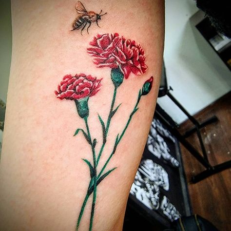 #tattoo #flowers #ink #colour #bee #realistic #carnation #red #tattoos Red Carnation Flower Tattoo, Orange Carnation Tattoo, Carnation Flower Tattoo Color, Large Carnation Tattoo, Carnation Flower Tattoo Watercolor, January Carnation Tattoo, Red Carnation Tattoo, Carnation Tattoo, Red Carnation