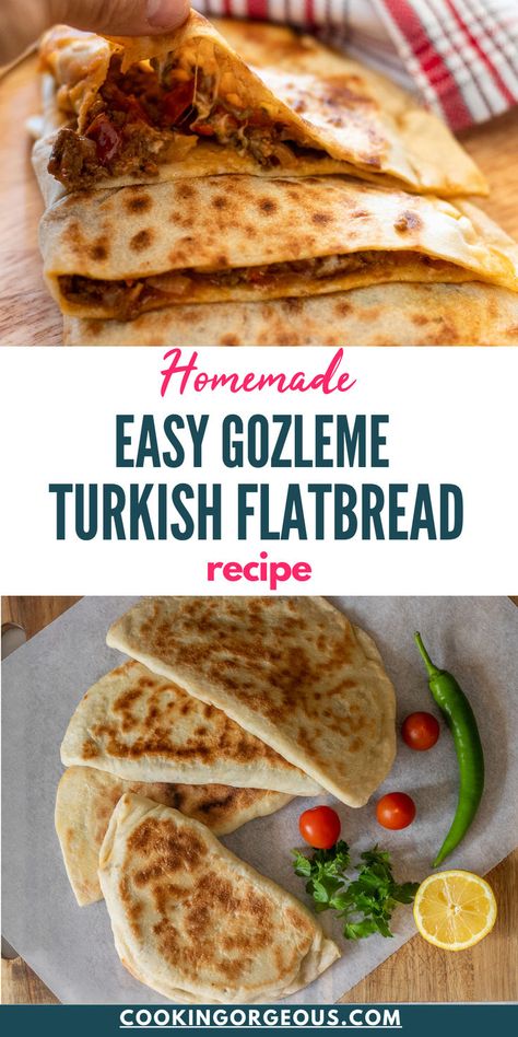 A delicious savory flatbread filled with a variety of ingredients like mince, cheese, spinach, or potatoes. Turkish Breakfast Table, Sourdough Bread Breakfast, Turkish Flatbread Recipe, Recipe Ideas Baking, Gozleme Recipe, Breakfast Flatbread, Dinner Ideas For Guests, Breakfast Table Ideas, Turkish Food Traditional