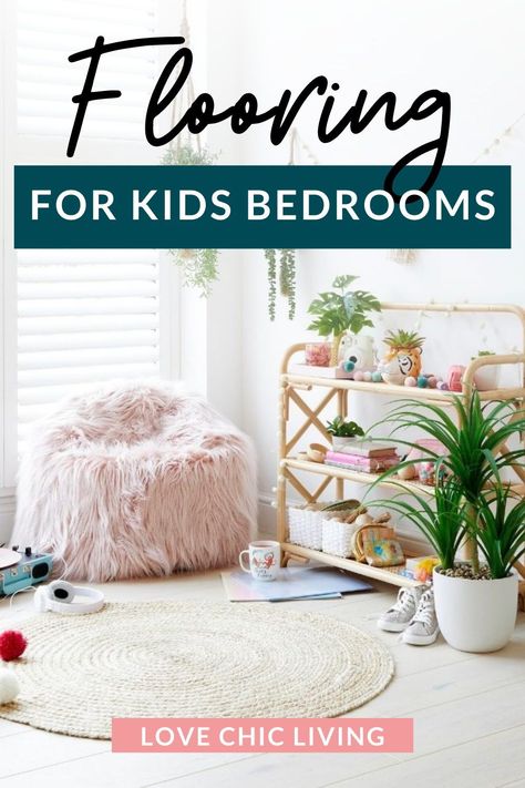 If you're planning to give you're children's bedroom a makeover, it might be time to upgrade their bedroom flooring too! Here's a complete guide to choosing the best flooring for a child's bedroom. I'm comparing modern laminate floors to easy maintenance carpet to find out which one works best in a kids bedroom. So if you're wondering what is the best type of flooring to use in a playroom or what type of flooring is easiest to clean, read this post by Love Chic Living! Kids Bedroom Flooring Ideas, Bedroom Flooring Ideas, Kids Bedroom Flooring, Bedroom Floor Tiles, Easy Flooring, Contemporary Bedrooms, Laminate Floors, Kids' Playroom, Feature Tiles