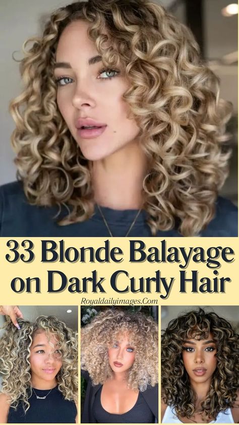 Blonde Balayage on Dark Curly Hair Curly Bayalage Blonde, Curly Blonde Hair Dark Roots, Blond On Curly Hair, Curly Hair With Blonde Balayage, Reverse Balayage Curly Hair, Summer Hair Color For Brunettes Curly, Brown To Blonde Curly Hair, Curly Hair Dimensional Color, Ombre On Curly Hair