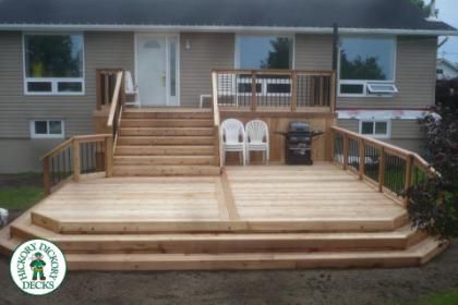 2 Level Deck, Wide Stairs, Hillside Deck, Small Backyard Decks, Deck Building Plans, Pergola Plans Design, Deck Restoration, Deck Remodel, Screened Porches