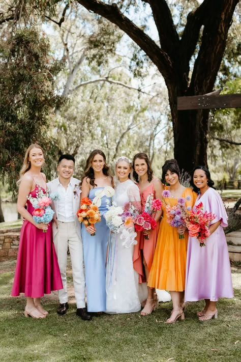 Bright Bridesmaid Dresses, Spring Bridesmaid Dresses, Summer Bridesmaid Dresses, Dress Code Wedding, Bridesmaid Colors, Eclectic Wedding, Mismatched Bridesmaids, Mismatched Bridesmaid Dresses, Bright Wedding