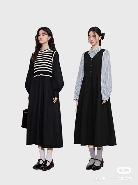 Japanese Long Dress Outfit, Black Outfit Japanese, Japan Womens Fashion, Black And White Modest Outfits, Japanese Modest Outfit, Modest Japanese Outfits, How To Look Japanese, Japanese Mom Outfit, Japanese Dress Outfit