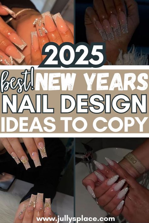 new years nails, new year nail design, new year nail ideas, new years nail inspo, new years eve nails Grey New Years Eve Nails, Iced Nails Acrylic, Birthday Nails For December, New Years Nails Sparkly Silver, Black Glitter New Years Nails, New Years Nails Elegant, Nails Bday Ideas, Formal Nail Art Designs, 2002 Nails Design