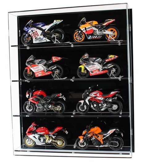 Acrylic Model Wall Display Case for 1:12 Scale Motorcycles - 4 Shelves- Easily removable front cover Wall Mounted Display Case, Hot Wheels Storage, Wall Display Case, Wall Display Cabinet, Acrylic Ideas, Door Glass Design, Architecture Model Making, Shelf Brackets, Steel Wall