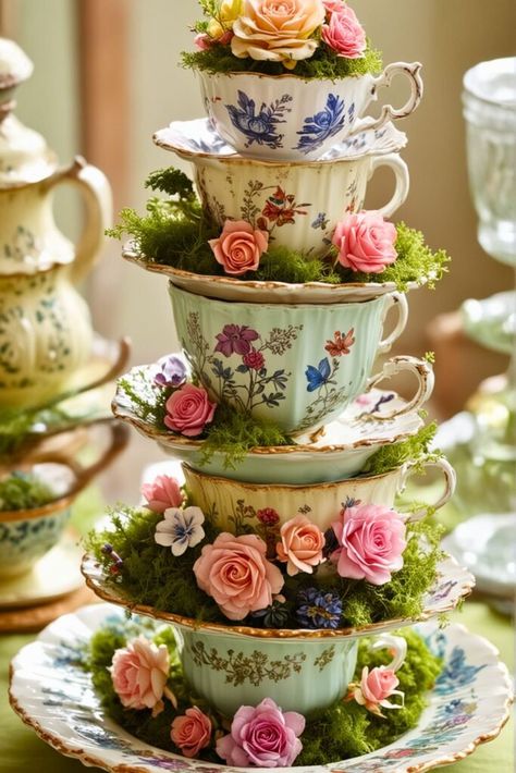 Alice In Wonderland Tea Cup Centerpieces, Indoor Garden Tea Party, Teacup Wedding Decor, Whimsical Tea Party Decorations, Alice In Wonderland Floral Arrangements, Alice In Wonderland Flower Arrangements, Alice In Wonderland Tea Party Decor, Alice In Wonderland Tablescape, Alice In Wonderland Table Decor