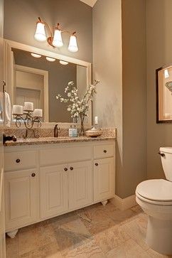 Powder Room Design Ideas, Pictures, Remodels and Decor Off White Countertops Bathroom, Bathroom Remodel Tan Countertop, Bathroom Ideas Tan Tile, Small Tan Bathroom Ideas, Creamy Bathroom Ideas, Bathroom Tan Countertop, Bathroom With Tan Countertop, Neutral Bathrooms Ideas, White And Tan Bathroom Ideas