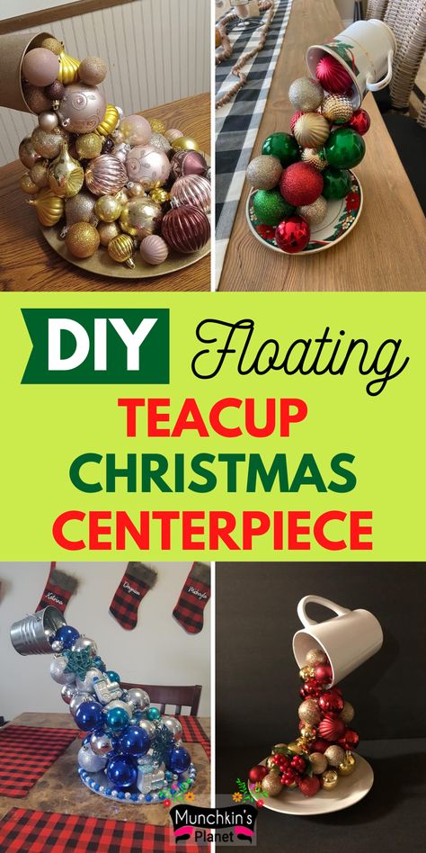 Cheap DIY Floating Christmas centerpieces Floating Cup Christmas Decorations, Floating Tea Cup Christmas, Diy Ornament Centerpiece, Christmas Floating Teacups, Christmas Mug Centerpieces, Floating Teacups Diy, Christmas Centerpieces Diy Kids, Floating Tea Cups Ideas Diy Christmas, Floating Cups Ideas