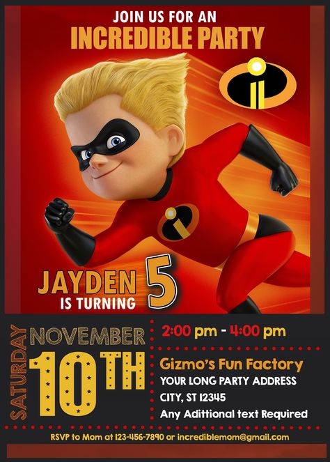 THE INCREDIBLES 2 DASH BIRTHDAY PARTY INVITATION FOR BOY #BIRTHDAY #PARTY #INVITE #BIRTHDAYPARTY #BIRTHDAYINVITE #BIRTHDAYINVITATION #PAPERGOODS #THEINCREDIBLES #THEINCREDIBLES2 #THEINCREDIBLESINVITATION #THEINCREDIBLESPARTY #THEINCREDIBLESINVITE #THEINCREDIBLESPRINTABLE #THEINCREDIBLESBIRTHDAY #INCREDIBLESINVITATION #INCREDIBLESPARTY #INCREDIBLESINVITE #INCREDIBLESPRINTABLE #INCREDIBLESBIRTHDAY #DASHINVITATION #DASHINVITE Incredible Birthday Party, Incredibles Birthday Party, Birthday Party Locations, Mr Incredible, Baby Birthday Invitations, Incredibles 2, 2nd Birthday Invitations, Kids Birthday Party Invitations, Boy Birthday Invitations