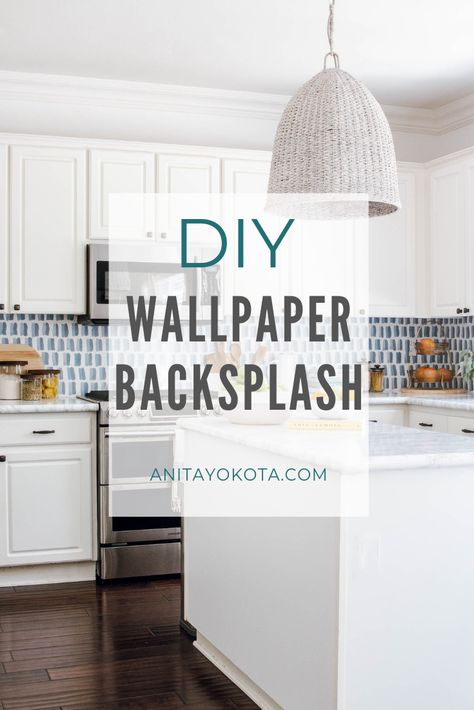 DIY Kitchen Backsplash Using Wallpaper | Anita Yokota | In this blog post, I'm sharing my new Scandi-inspired blue and white Rebecca Atwood wallpaper backsplash in my modern white kitchen! An easy solution and alternative to tile and quick weekend project to update any kitchen! #wallpaper #whitekitchen Cheesecake Background, Wallpaper Backsplash Kitchen, Diy Cheesecake, Wallpaper Backsplash, Rebecca Atwood Wallpaper, Modern Eclectic Home, Backsplash Wallpaper, Diy Kitchen Backsplash, Chicken Kitchen