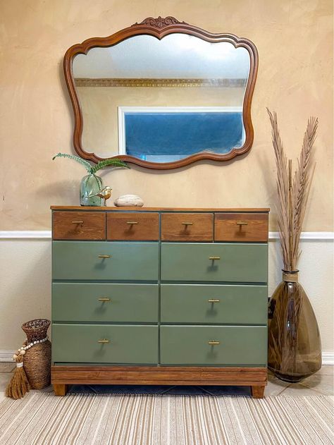 Refurbished furniture | MCM inspired, 2 tone dresser with 10 drawers 2 Tone Dresser Ideas, 2 Tone Dresser, Refurbished Mcm Dresser, Mcm Refinished Dresser, Two Tone Dresser Painted Mid Century, Redone Mid Century Dresser, Two Tone Mcm Dresser, Colorful Dresser, Dresser Ideas