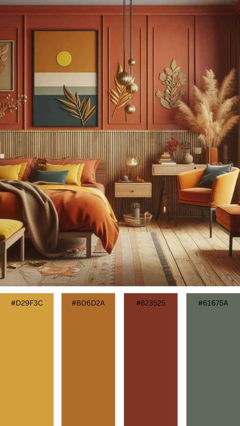 Burnt Orange Panelling, Orange Panelling, Colour Palette Home, Colour Palette Orange, Ochre Bedroom, Palette Home Decor, Rust Bedroom, Burnt Orange Paint, Orange Colour Palette