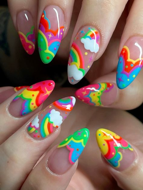 Nail Rainbow Designs, One Finger Nail Art, Kidcore Nails, Decora Nails, Rainbow Nail Ideas, Lisa Frank Nails, Graphic Nail Art, Pride Nails, Colorful Nail