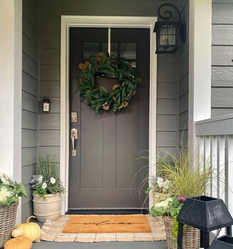 Urbane Bronze Sherwin Williams Exterior Door, Urbane Bronze Evergreen Fog, Black Fox Front Door Sherwin Williams, Dark Gray Door Exterior, Sw Urban Bronze Front Door, Sw Urbane Bronze Front Door, Aw Urbane Bronze, Brown Front Door Paint Sherwin Williams, Dark Brown Painted Front Door