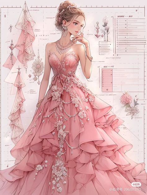 Pink Fantasy Dress Drawing, Fantasy Princess Dress Aesthetic, Pink Fantasy Dress, Fantasy Dress Art, Princess Dress Aesthetic, February Style, Dress Queen, Pink Long Dress, Light Pink Dress