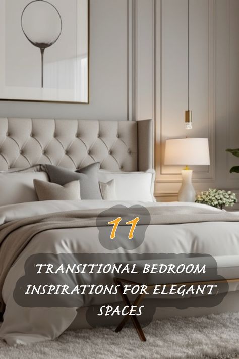 Discover how to transform your bedroom into an elegant retreat with these 11 stunning transitional designs. From plush bedding to chic lighting, each inspiration offers a perfect blend of comfort and style, creating a serene atmosphere that invites relaxation. Transitional Chic Bedroom, Traditional Bedroom Inspirations, Large Bedroom Ideas Master Suite Modern, Serene Bedroom Ideas Master Suite, Transitional Bedroom Inspirations, Transitional Master Bedrooms Decor, Primary Bedroom Inspiration, Quiet Luxury Bedroom, Queen Size Bedroom Ideas