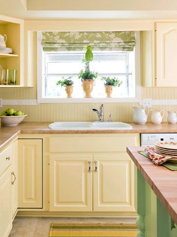 Kitchen Window Dressing, Yellow Kitchen Designs, Yellow Kitchen Cabinets, Green Kitchen Island, Yellow Cabinets, Budget Kitchen Remodel, Herringbone Backsplash, Yellow Kitchen, Kitchen Redo