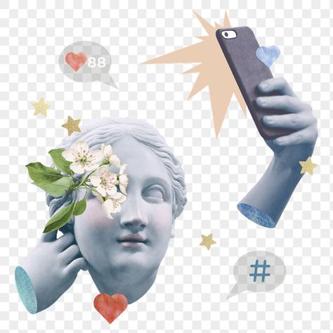 Social Media Collage Art, Collage Art Social Media, Social Media Aesthetic Art, Social Media Illustration Art, Statue Hands, Social Media Collage, Selfie Illustration, Social Media Illustration, Social Media Png