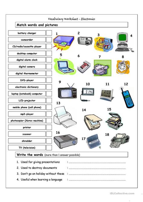 Vocabulary Matching Worksheet - ELECTRONICS - English ESL Worksheets for distance learning and physical classrooms Technology Vocabulary, Computer Lab Lessons, Teaching Computers, Electronic Dictionary, Holiday Homework, Safe Internet, Learn Computer Coding, Matching Worksheets, Computer Class