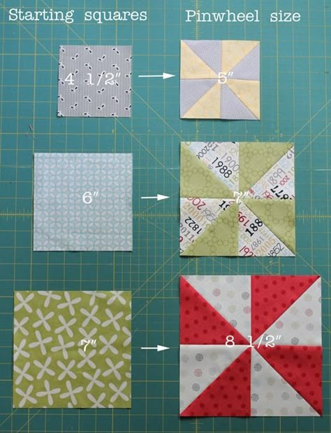 Pinwheel sizes, Cluck Cluck Sew  Fast HST method - starch the starting squares = 4 HSTs turn out perfectly.  Here are the starting square sizes and finished pinwheel sizes from them Pinwheel Quilt Pattern, Pinwheel Quilt Block, Quilting Math, Cluck Cluck Sew, Pinwheel Quilt, Quilt Block Tutorial, Star Blocks, Triangle Quilt, Quilt Block Pattern