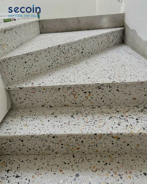 Tiled Steps Indoor, Tile Stairs Indoor Staircases, Terrazzo Staircase, Terrazzo Stairs, Terrazo Flooring, Deck Furniture Diy, Stairs Tiles Design, Tiled Staircase, Tile Steps