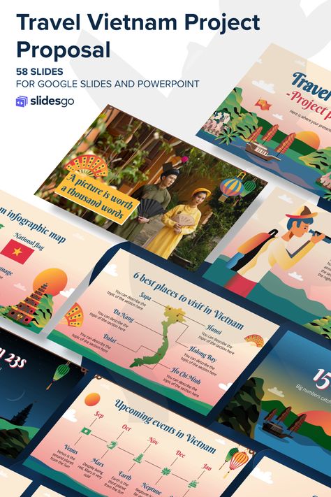 Travel Powerpoint Template, Travel Powerpoint, Slidesgo Templates, Tower Of Hanoi, Ha Long Bay Vietnam, Gradient Illustration, Travel Tropical, Presentation Slides Design, Illustration Colorful