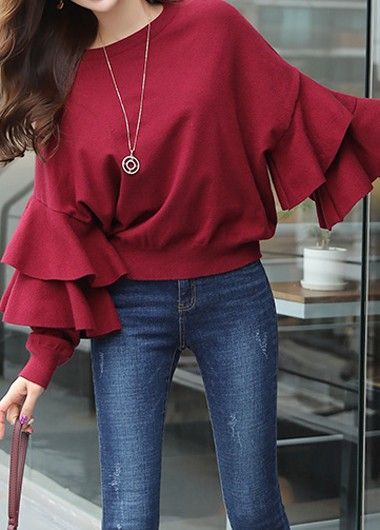 Latest Trendy Tops for Women Online Free Shipping Wine Red Blouse, Bell Sleeve Dress Outfit, Professional Blouses, Round Neck Blouse, Chiffon Shift Dress, Boss Ladies, Lace Bell Sleeve Dress, Office Chic, Ladies Blouse Designs